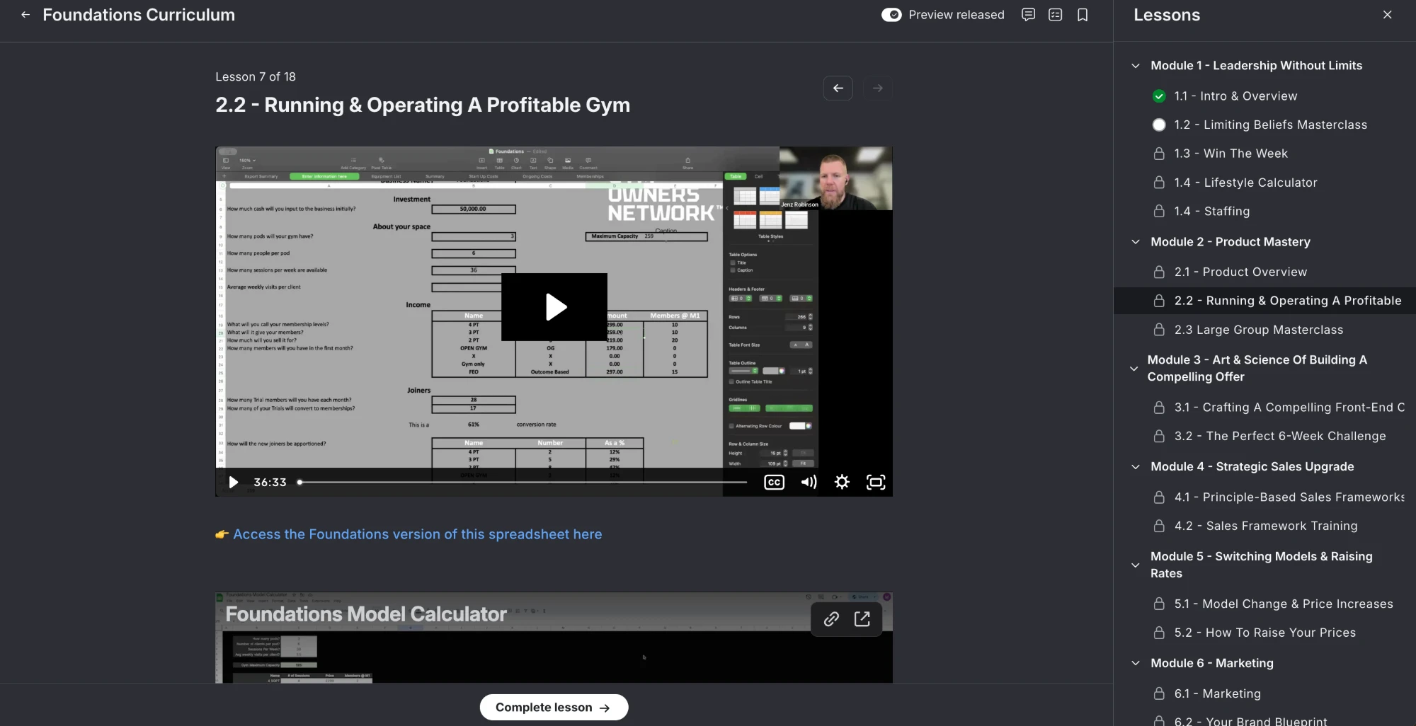 The Foundations Curriculum in the GON members' area: lesson 2.2, Running and Operating a Profitable Gym, with the Foundations Model Calculator below and the module list on the right